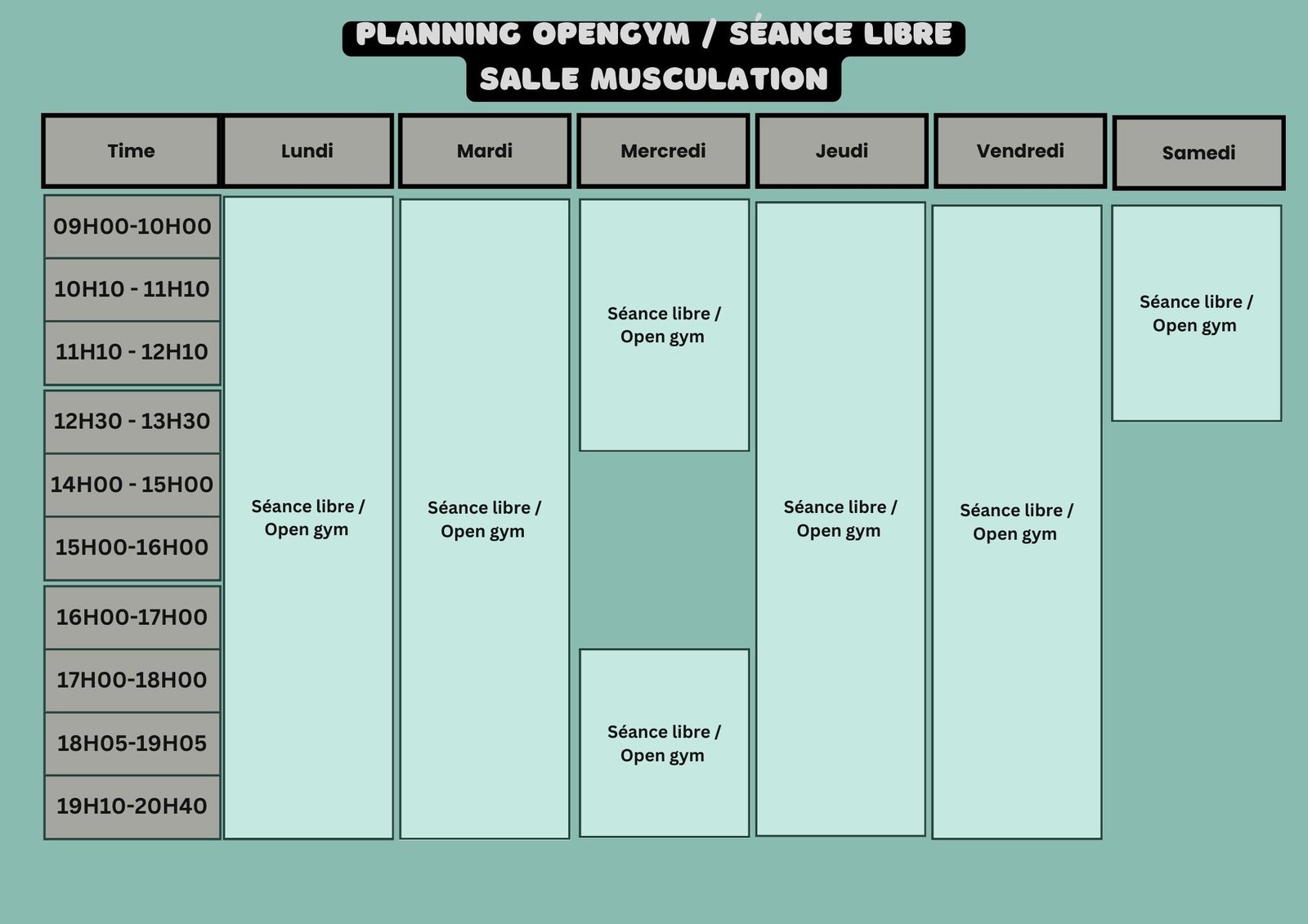 Planning Musculation - Horaires d'ouverture